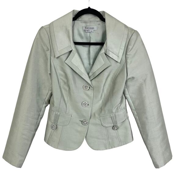 Kay Unger Silk Blend Jewel Button Front Formal Evening Blazer Jacket Green 10 - Picture 1 of 7